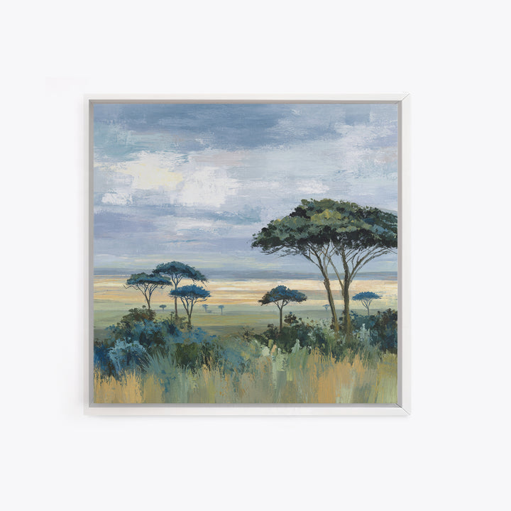 Wide Savanna with Acacia Silhouette Framed Canvas Print, Landscape Art, Modern Decor, Living Room Decor, Fine Art, Horizon, LAN-1x1-67