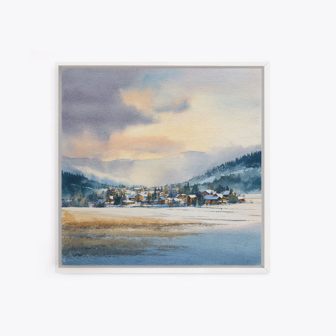 Snow Covered Alpine Village at Dusk Framed Canvas Print, Landscape Art, Framed Wall Art, Living Room Decor, Oil Painting, LAN-1x1-7