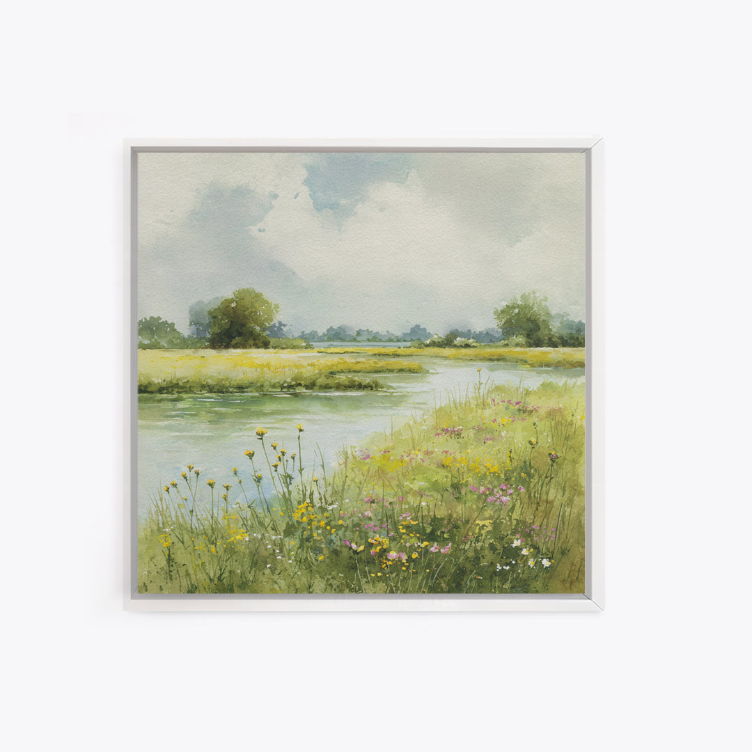 Sunlit Meadow with Wildflowers Canvas Print, Landscape Art, Minimalist Decor, Living Room Decor, Oil Painting, Horizon, LAN-1x1-85