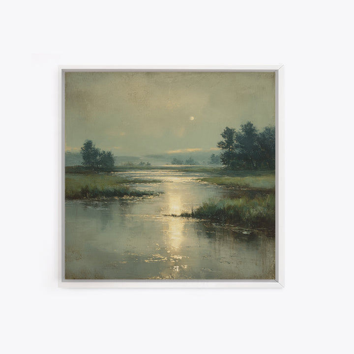 Moonlit River with Silver Reflections Framed Canvas Print, Landscape Art, Wall Art, Living Room Decor, Fine Art, Horizon, LAN-1x1-93