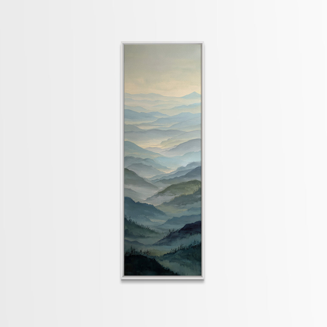 Misty Mountain Valley at Sunrise Canvas Print, Landscape Art, Minimalist Decor, Living Room Decor, Oil Painting, Horizon, LAN-1x3-13