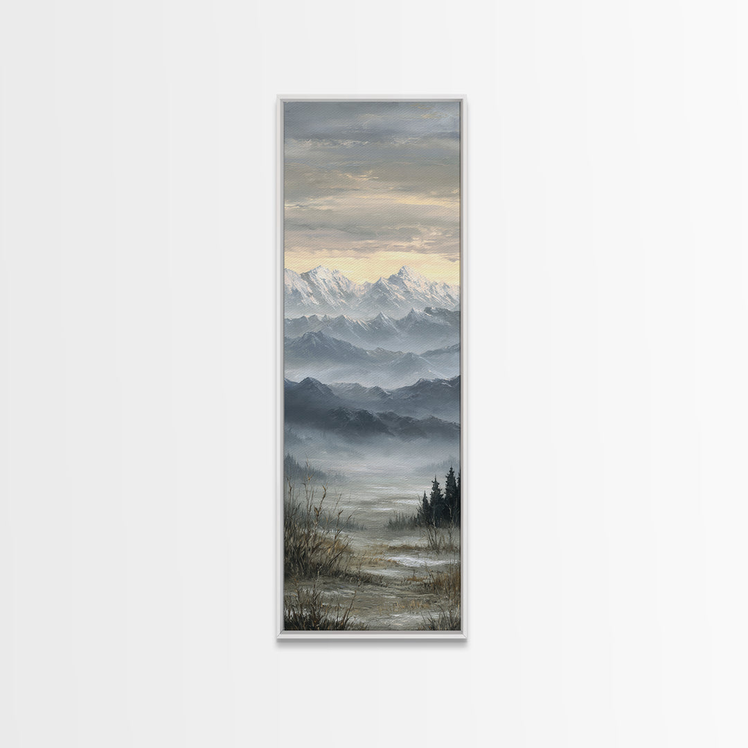 Snow Covered Alpine Village at Dusk Framed Canvas Print, Landscape Art, Framed Wall Art, Living Room Decor, Oil Painting, LAN-1x3-19