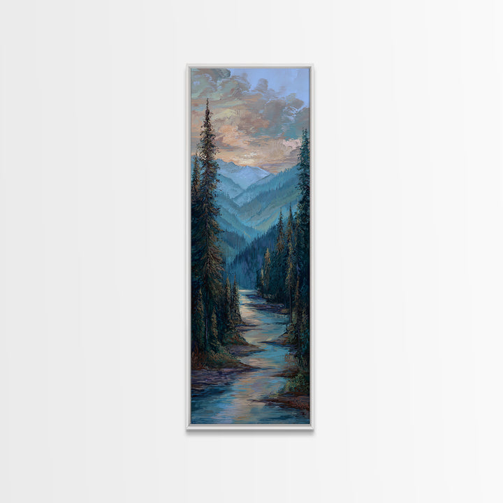 Waterfall Hidden in Dense Forest Framed Canvas Print, Landscape Art, Decor, Living Room Decor, Oil Painting, Horizon, LAN-1x3-24