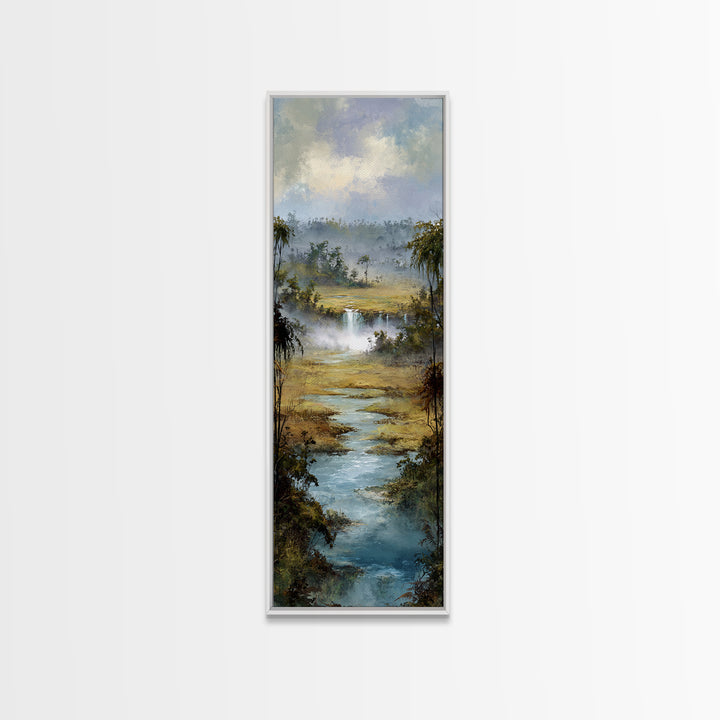 Tropical Jungle Waterfall Framed Canvas Print, Landscape Art, Minimalist Decor, Living Room Decor, Oil Painting, Horizon, LAN-1x3-4
