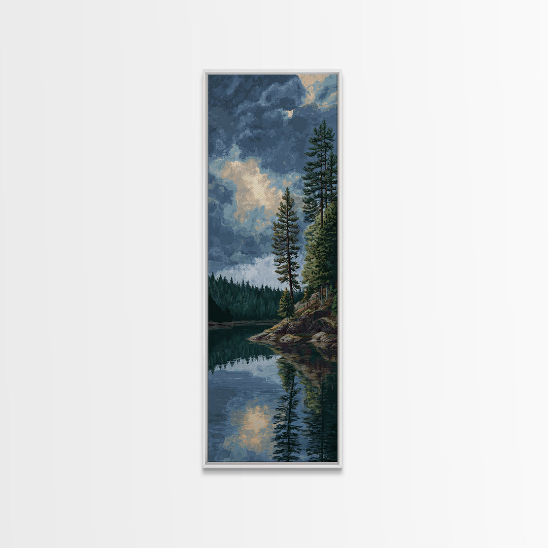 Quiet Lake Reflecting Pine Forest Canvas Print, Landscape Art, Framed Wall Art, Living Room Decor, Oil Painting, Horizon, LAN-1x3-40