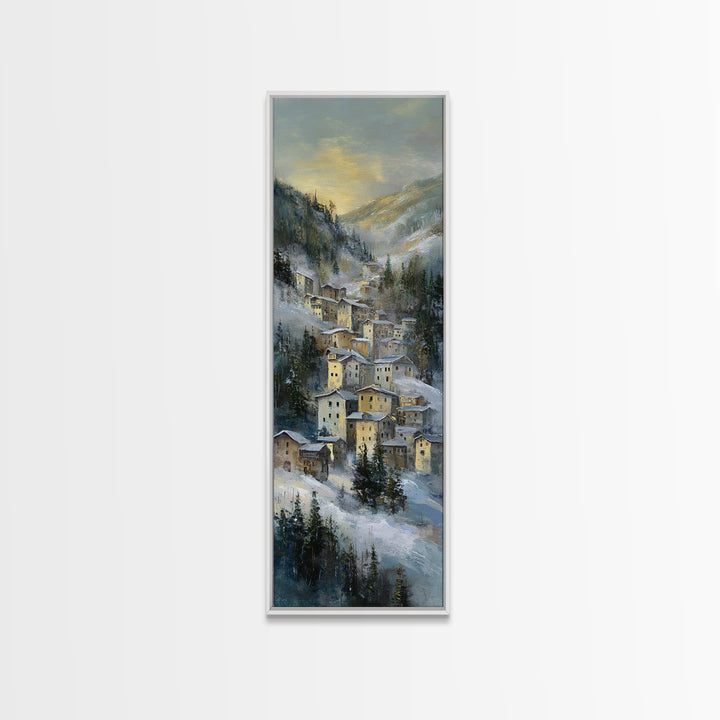 Snow Covered Alpine Village at Dusk Canvas Print, Landscape Art, Abstract Wall Art, Living Room Decor, Fine Art, Horizon, LAN-1x3-43