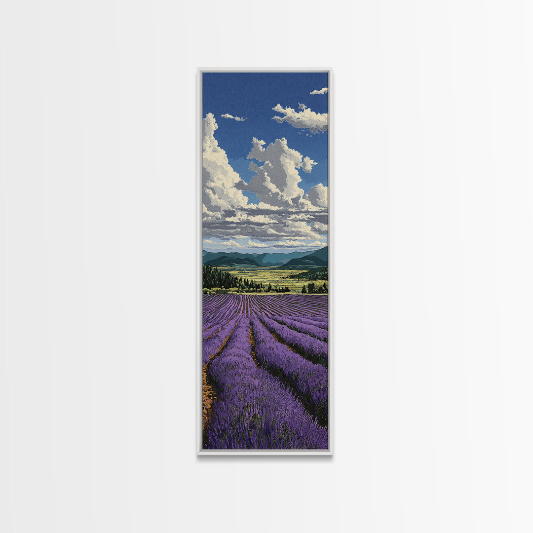 Lavender Field Leading to Distant Hills Framed Canvas Print, Landscape Art, Modern Decor, Living Room Decor, Fine Art, Horizon, LAN-1x3-46
