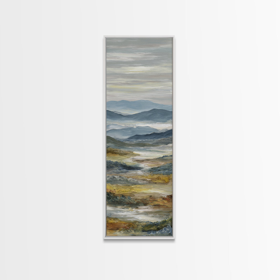 Misty Mountain Valley at Sunrise Framed Canvas Print, Landscape Art, Digital Prints, Living Room Decor, Fine Art, Horizon, LAN-1x3-61