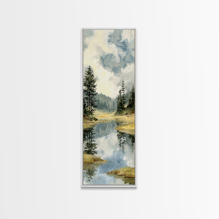 Quiet Lake Reflecting Pine Forest Framed Canvas Print, Landscape Art, Abstract Wall Art, Living Room Decor, Fine Art, Horizon, LAN-1x3-64