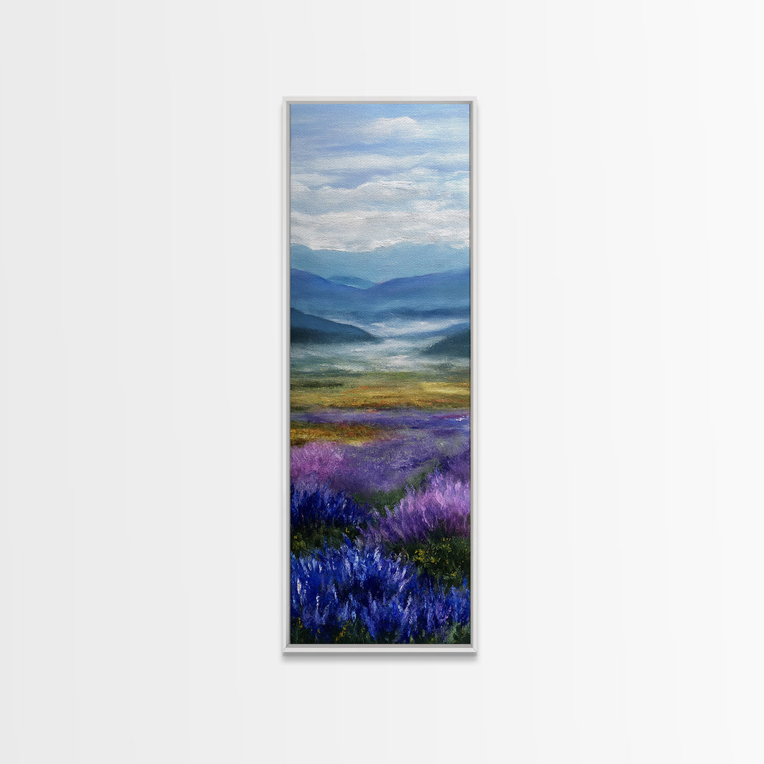 Lavender Field Leading to Distant Hills Framed Canvas Print, Landscape Art, Modern Decor, Living Room Decor, Fine Art, Horizon, LAN-1x3-70