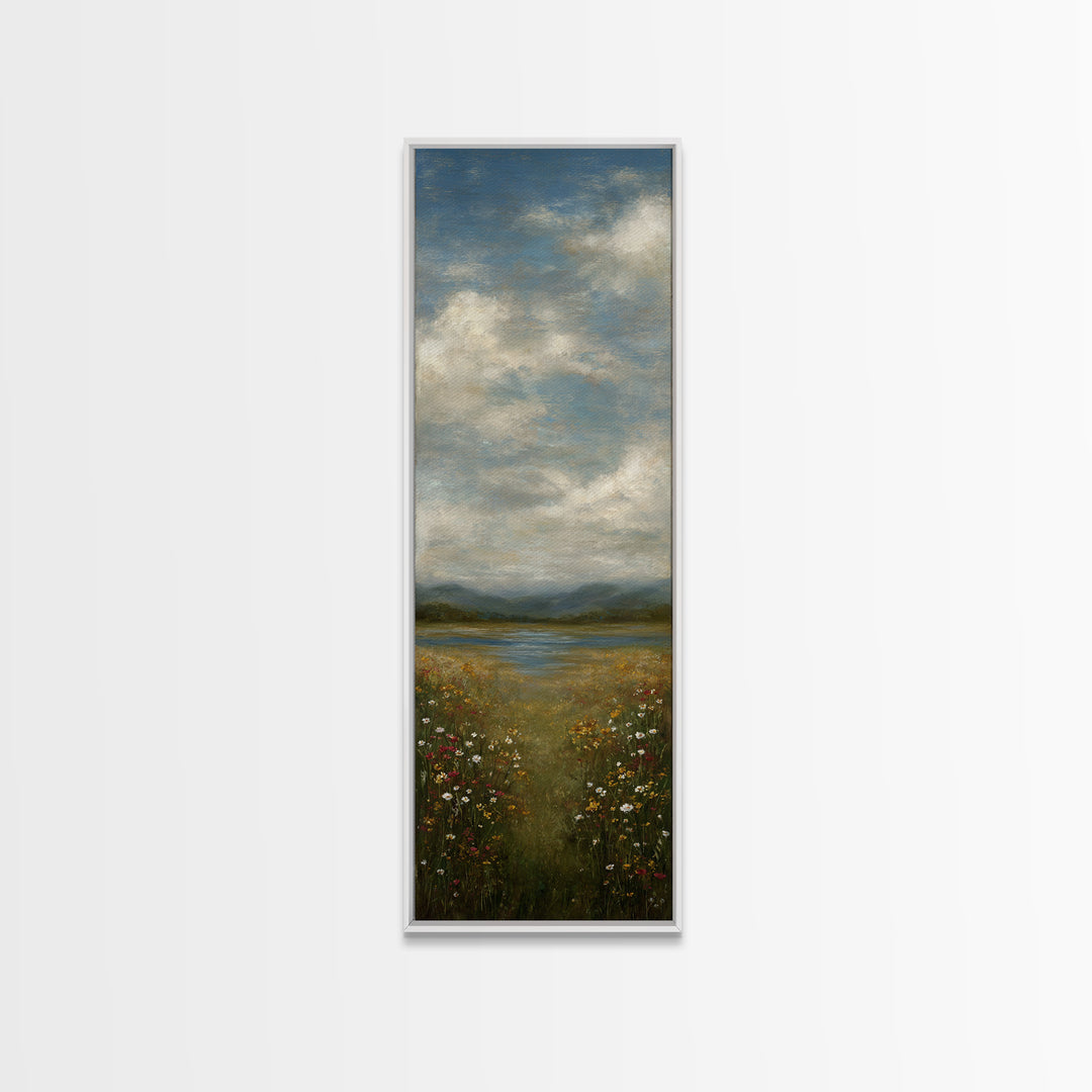 Sunlit Meadow with Wildflowers Canvas Print, Landscape Art, Framed Wall Art, Living Room Decor, Oil Painting, Horizon, LAN-1x3-73