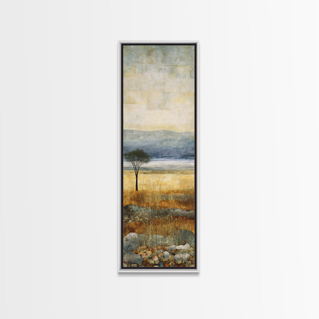Wide Savanna with Acacia Silhouette Framed Canvas Print, Landscape Art, Living Room Wall Art, Living Room Decor, Oil Painting, LAN-1x3-79