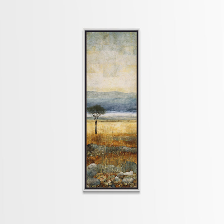 Wide Savanna with Acacia Silhouette Framed Canvas Print, Landscape Art, Living Room Wall Art, Living Room Decor, Oil Painting, LAN-1x3-79