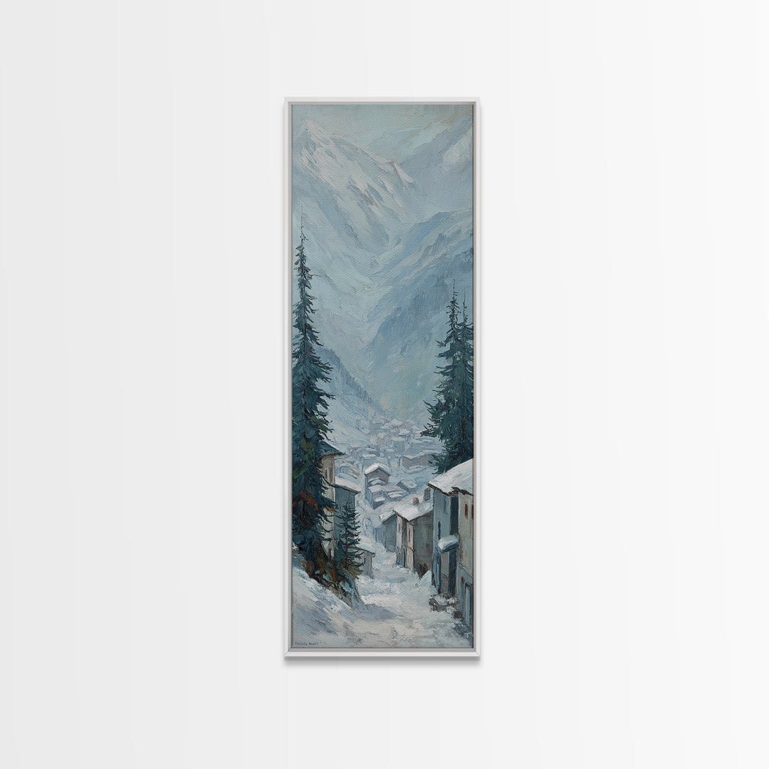 Snow Covered Alpine Village at Dusk Framed Canvas Print, Landscape Art, Boho Decor, Living Room Decor, Fine Art, Horizon, LAN-1x3-91