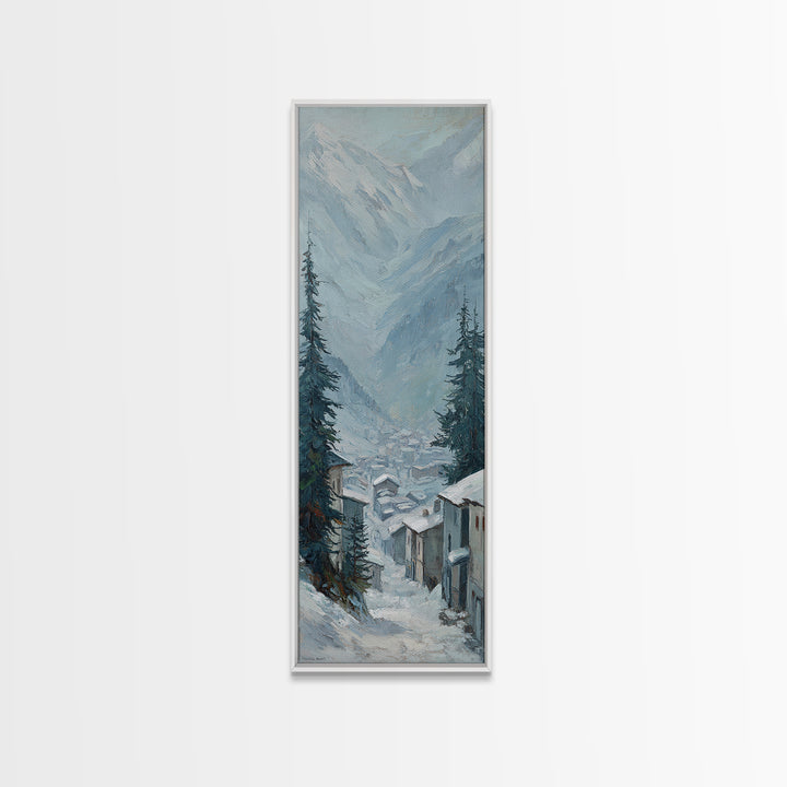 Snow Covered Alpine Village at Dusk Framed Canvas Print, Landscape Art, Boho Decor, Living Room Decor, Fine Art, Horizon, LAN-1x3-91