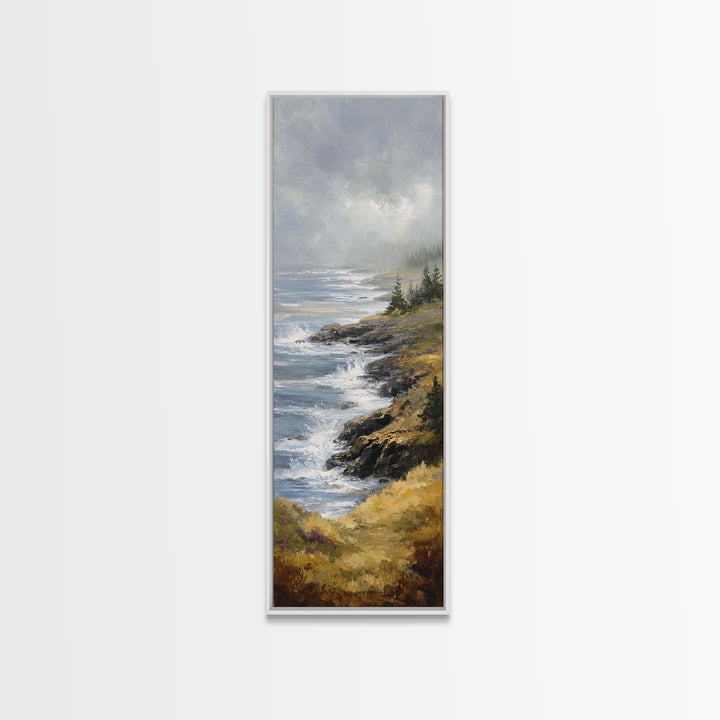 Coastal Cliffs with Crashing Waves Framed Canvas Print, Landscape Art, Modern Wall Art, Living Room Decor, Watercolor Art, LAN-1x3-92