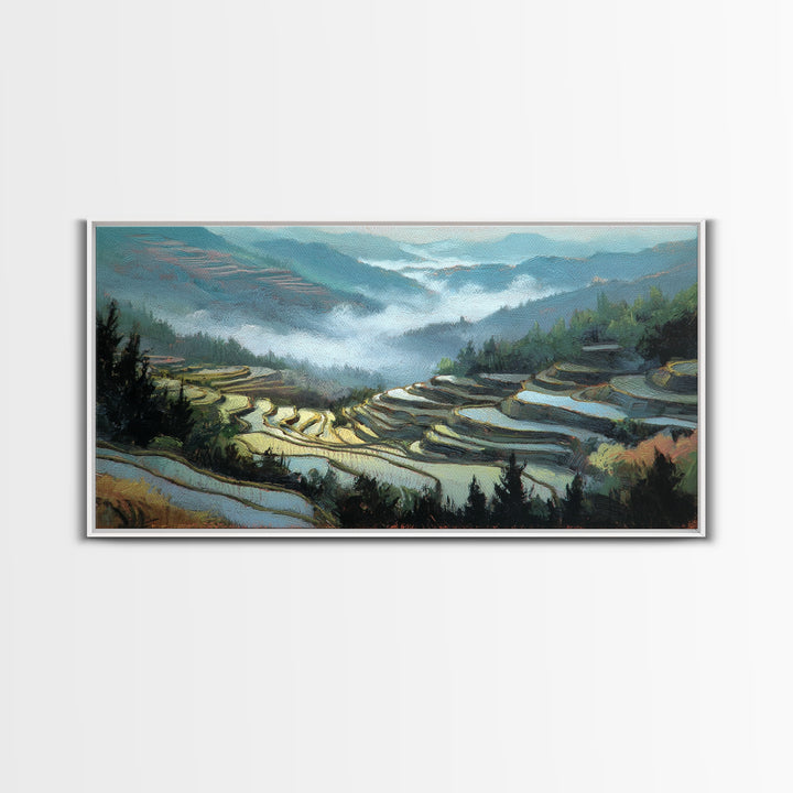Rice Terraces Glowing Framed Canvas Print, Landscape Art, Luxury Decor, Living Room Decor, Fine Art, Horizon, Digital Art, LAN-2x1-14