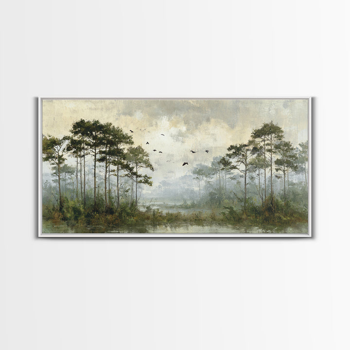 Misty Cypress Swamp Framed Canvas Print, Landscape Art, Room Decor, Living Room Decor, Fine Art, Horizon, Printable Wall Art, LAN-2x1-18