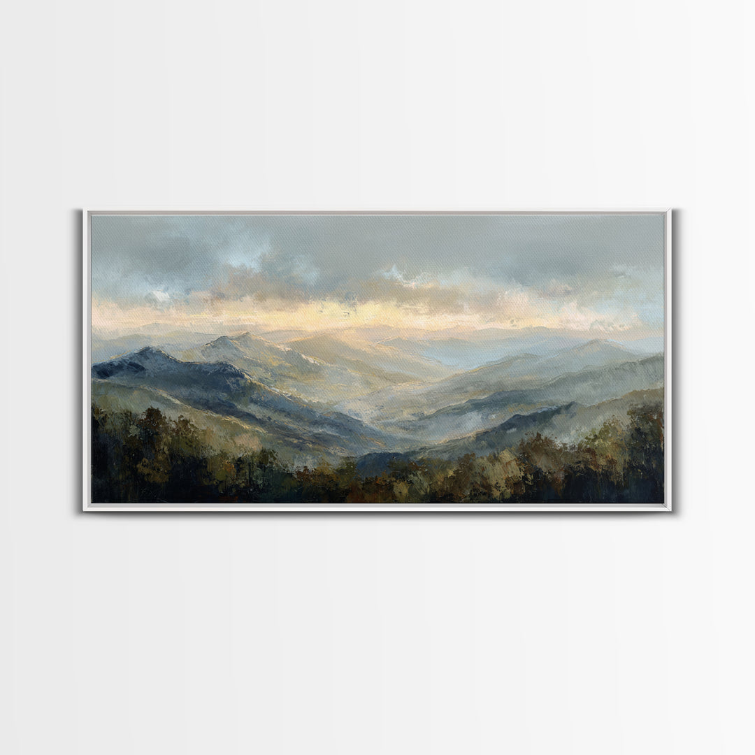 Misty Mountain Valley at Sunrise Canvas Print, Landscape Art, Digital Art, Living Room Decor, Fine Art, Horizon, Boho Wall Art, LAN-2x1-21