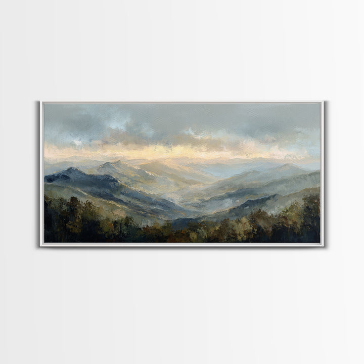 Misty Mountain Valley at Sunrise Canvas Print, Landscape Art, Digital Art, Living Room Decor, Fine Art, Horizon, Boho Wall Art, LAN-2x1-21