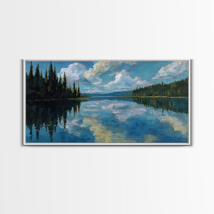 Quiet Lake Reflecting Pine Forest Framed Canvas Print, Landscape Art, Minimalist Decor, Living Room Decor, Oil Painting, LAN-2x1-24