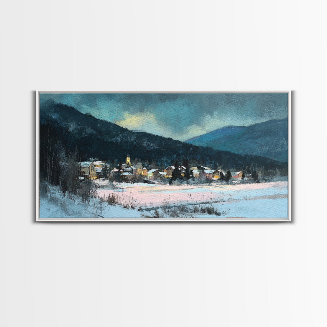 Snow Covered Alpine Village at Dusk Framed Canvas Print, Landscape Art, Boho Decor, Living Room Decor, Fine Art, Horizon, LAN-2x1-27