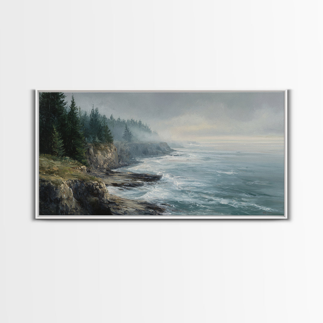 Coastal Cliffs with Crashing Waves Framed Canvas Print, Landscape Art, Contemporary Art, Living Room Decor, Fine Art, Horizon, LAN-2x1-28