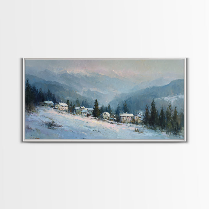 Snow Covered Alpine Village at Dusk Framed Canvas Print, Landscape Art, Framed Wall Art, Living Room Decor, Oil Painting, LAN-2x1-3