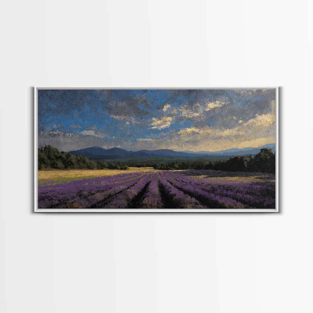 Lavender Field Leading to Distant Hills Framed Canvas Print, Landscape Art, Minimalist Decor, Living Room Decor, Oil Painting, LAN-2x1-30