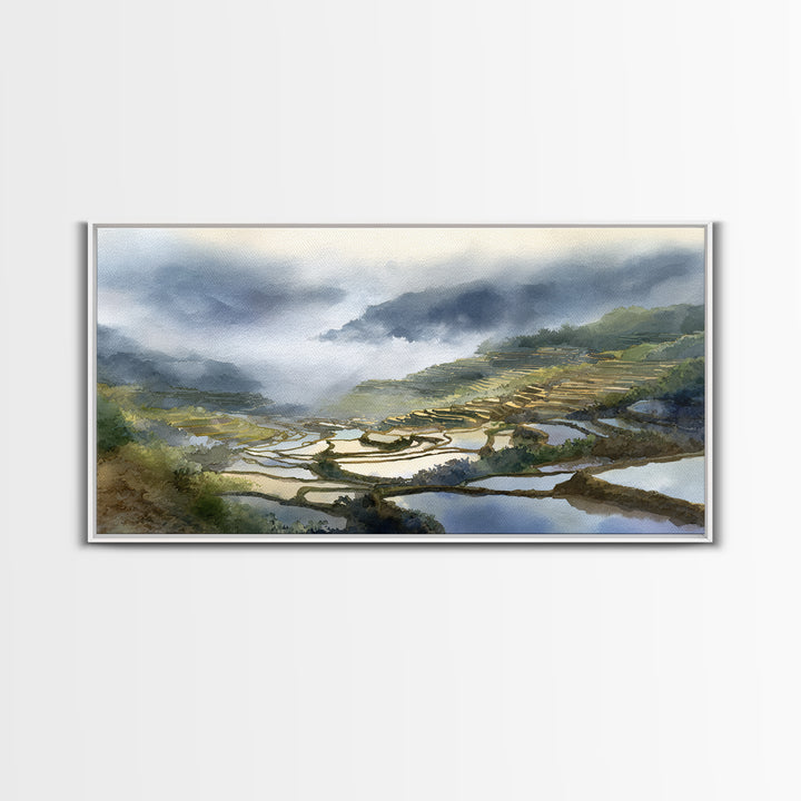 Rice Terraces Glowing Framed Canvas Print, Landscape Art, Luxury Decor, Living Room Decor, Fine Art, Horizon, Digital Art, LAN-2x1-38