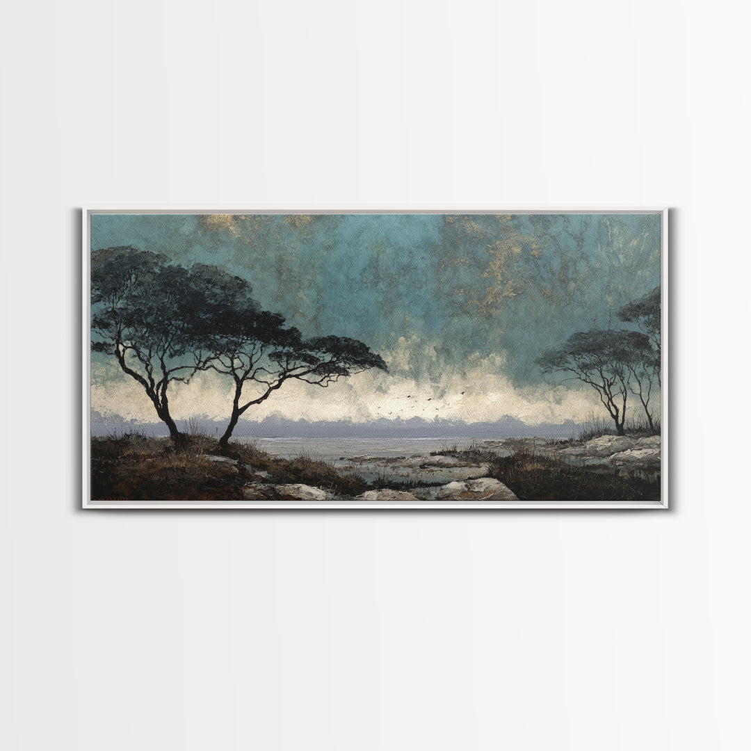 Wide Savanna with Acacia Silhouette Canvas Print, Landscape Art, Digital Art, Living Room Decor, Horizon, Boho Wall Art, LAN-2x1-39