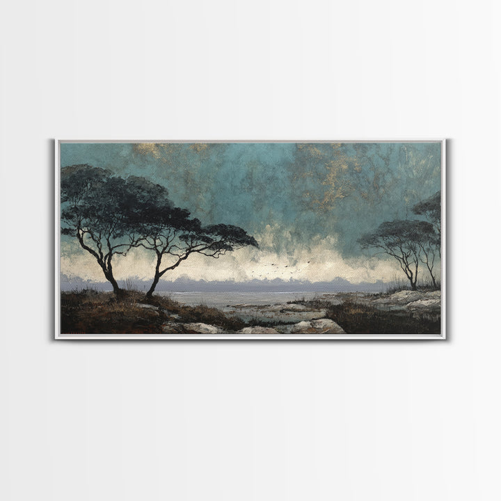 Wide Savanna with Acacia Silhouette Canvas Print, Landscape Art, Digital Art, Living Room Decor, Horizon, Boho Wall Art, LAN-2x1-39