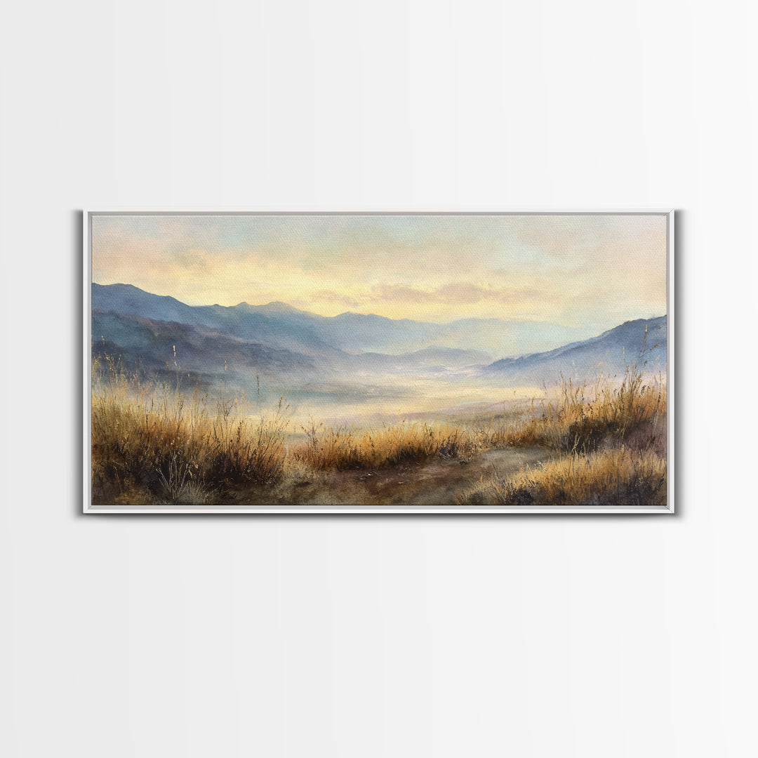 Misty Mountain Valley at Sunrise Framed Canvas Print, Landscape Art, Framed Wall Art, Living Room Decor, Oil Painting, Horizon, LAN-2x1-45