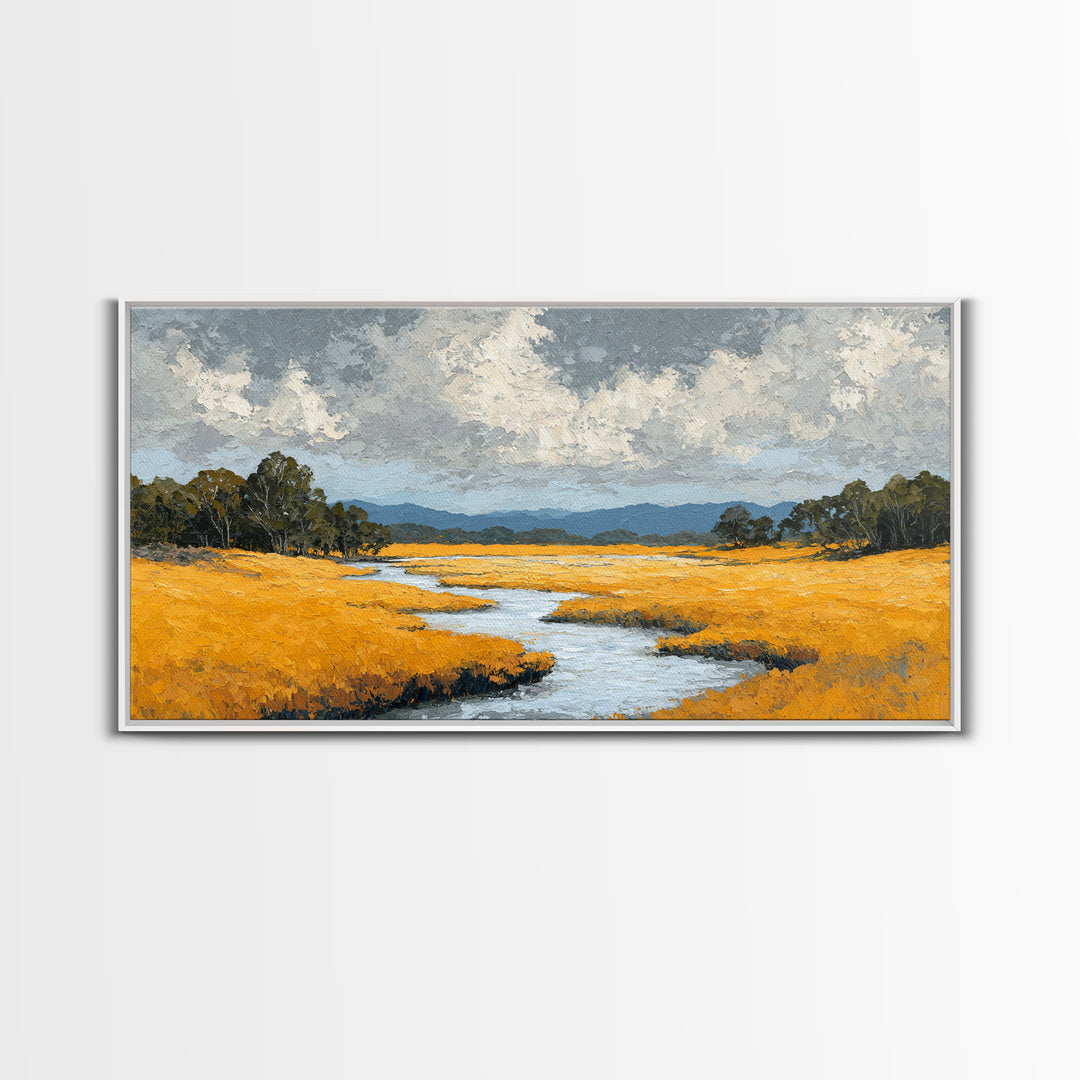 Winding River Through Golden Fields Framed Canvas Print, Landscape Art, Wall Decor, Living Room Decor, Fine Art, Horizon, LAN-2x1-46