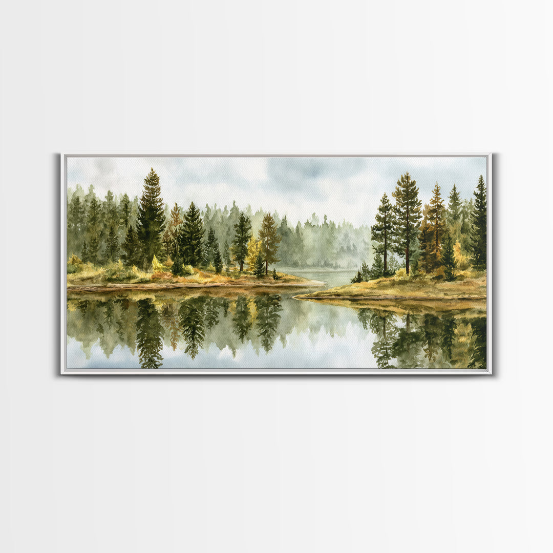 Quiet Lake Reflecting Pine Forest Canvas Print, Landscape Art, Digital Prints, Living Room Decor, Horizon, Farmhouse Decor, LAN-2x1-48