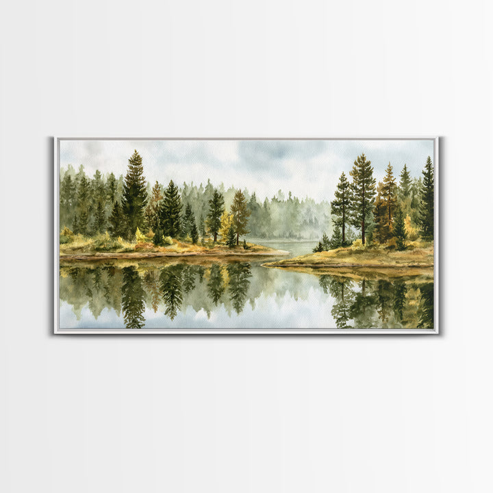 Quiet Lake Reflecting Pine Forest Canvas Print, Landscape Art, Digital Prints, Living Room Decor, Horizon, Farmhouse Decor, LAN-2x1-48