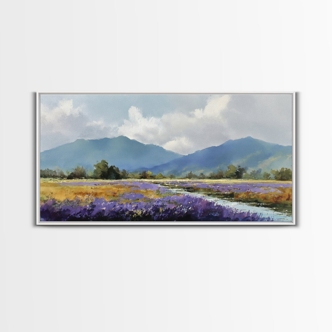 Lavender Field Leading to Distant Hills Canvas Print, Landscape Art, Digital Prints, Living Room Decor, Fine Art, Horizon, LAN-2x1-54