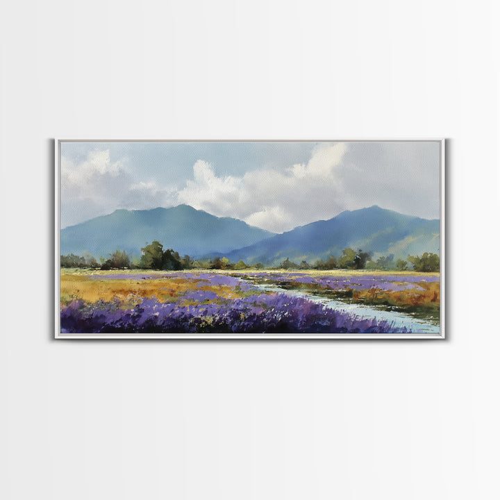 Lavender Field Leading to Distant Hills Canvas Print, Landscape Art, Digital Prints, Living Room Decor, Fine Art, Horizon, LAN-2x1-54