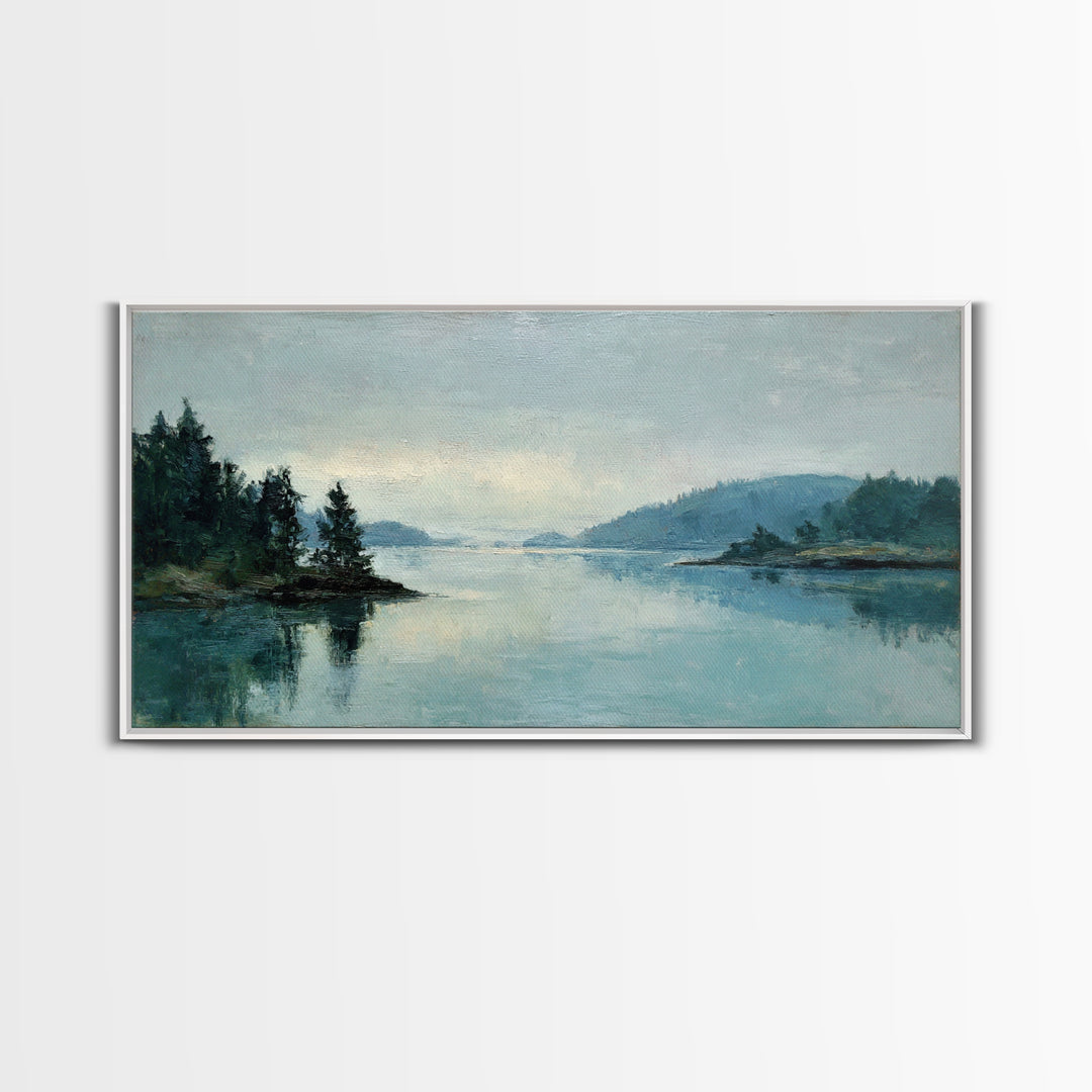 Fjord Landscape with Icy Blue Water Framed Canvas Print, Landscape Art, Wall Art Print, Living Room Decor, Fine Art, Horizon, LAN-2x1-59
