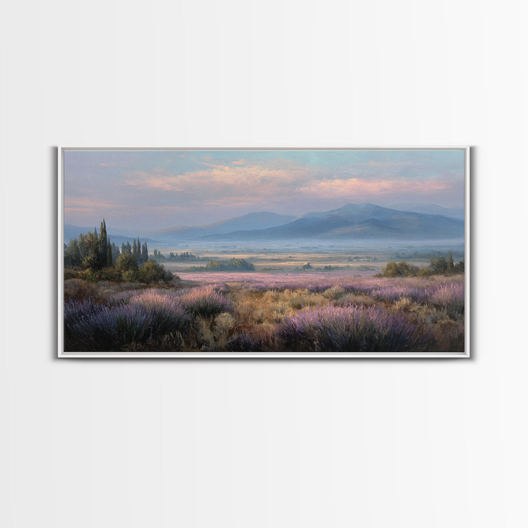 Lavender Field Leading to Distant Hills Framed Canvas Print, Landscape Art, Minimalist Decor, Living Room Decor, Oil Painting, LAN-2x1-6