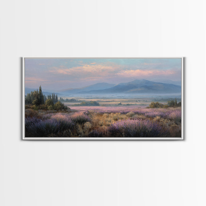 Lavender Field Leading to Distant Hills Framed Canvas Print, Landscape Art, Minimalist Decor, Living Room Decor, Oil Painting, LAN-2x1-6