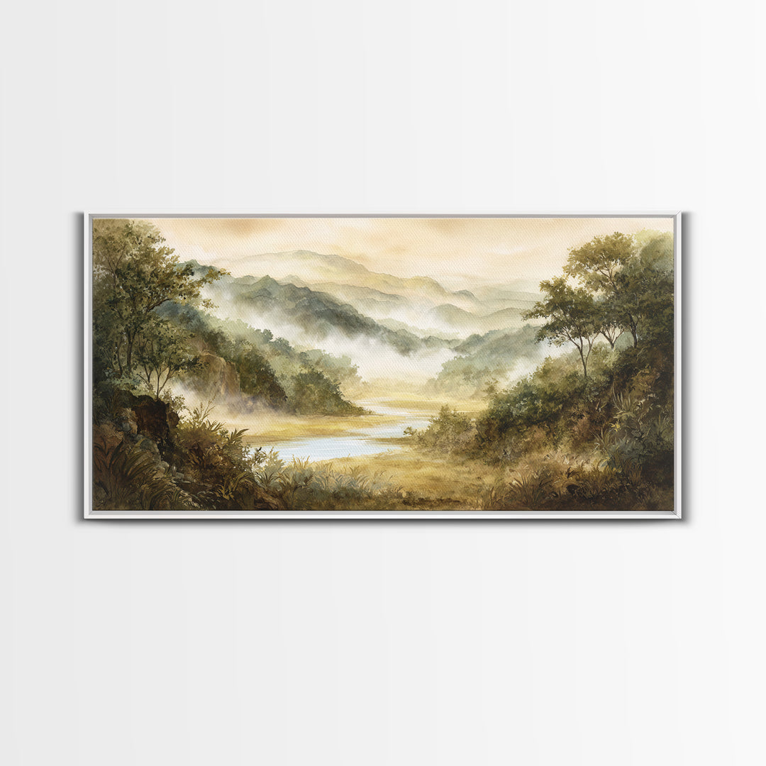 Tropical Jungle Waterfall Framed Canvas Print, Landscape Art, Digital Art, Living Room Decor, Fine Art, Horizon, Boho Wall Art, LAN-2x1-60