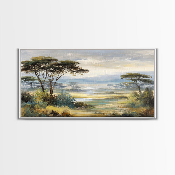 Wide Savanna with Acacia Silhouette Canvas Print, Landscape Art, Abstract Wall Art, Living Room Decor, Fine Art, Horizon, LAN-2x1-63