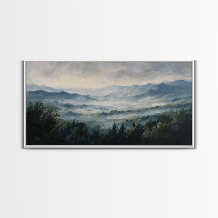 Misty Mountain Valley at Sunrise Canvas Print, Landscape Art, Abstract Wall Art, Living Room Decor, Fine Art, Horizon, LAN-2x1-69