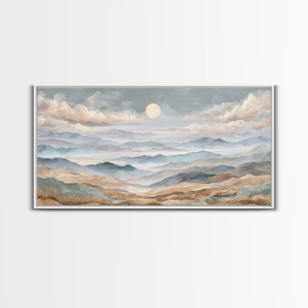 Desert Dunes under Pale Moon Framed Canvas Print, Landscape Art, Art Prints, Living Room Decor, Horizon, Abstract Wall Art, LAN-2x1-7