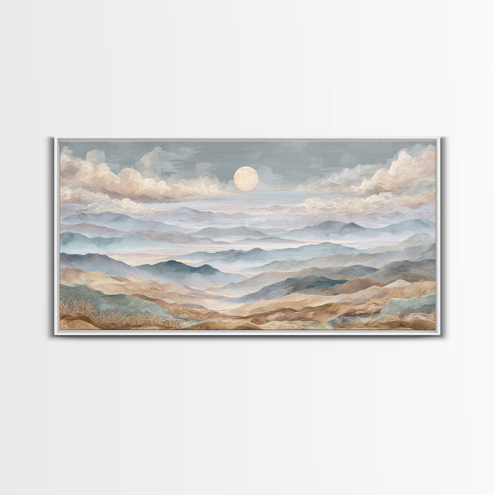 Desert Dunes under Pale Moon Framed Canvas Print, Landscape Art, Art Prints, Living Room Decor, Horizon, Abstract Wall Art, LAN-2x1-7