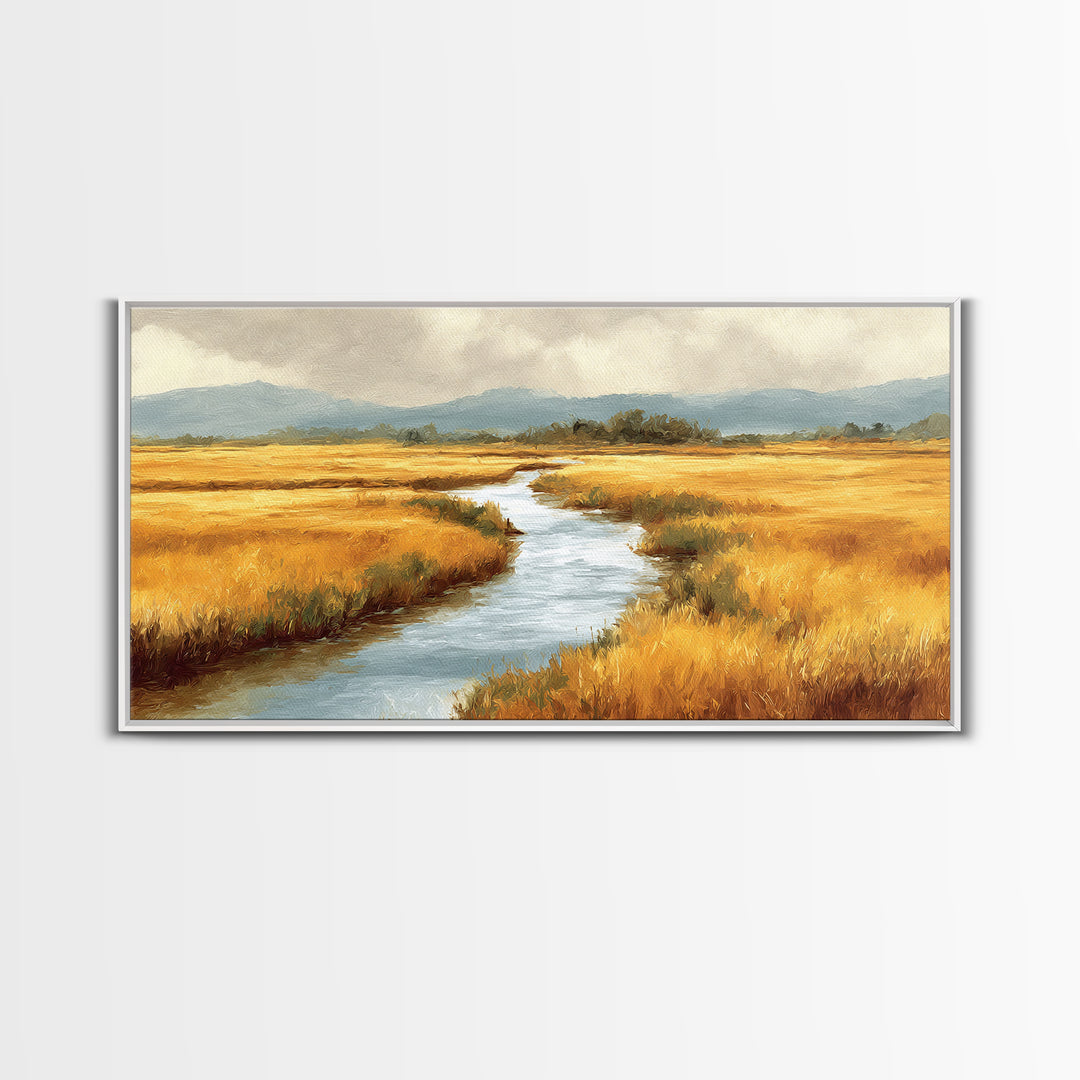 Winding River Through Golden Fields Canvas Print, Landscape Art, Printable Wall Art, Living Room Decor, Oil Painting, Horizon, LAN-2x1-70