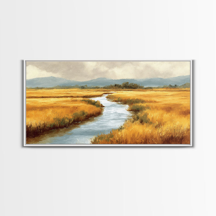 Winding River Through Golden Fields Canvas Print, Landscape Art, Printable Wall Art, Living Room Decor, Oil Painting, Horizon, LAN-2x1-70