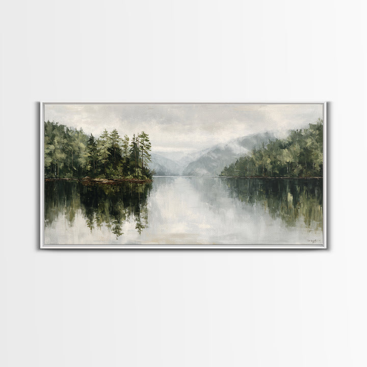Quiet Lake Reflecting Pine Forest Framed Canvas Print, Landscape Art, Digital Wall Art, Living Room Decor, Fine Art, Horizon, LAN-2x1-72