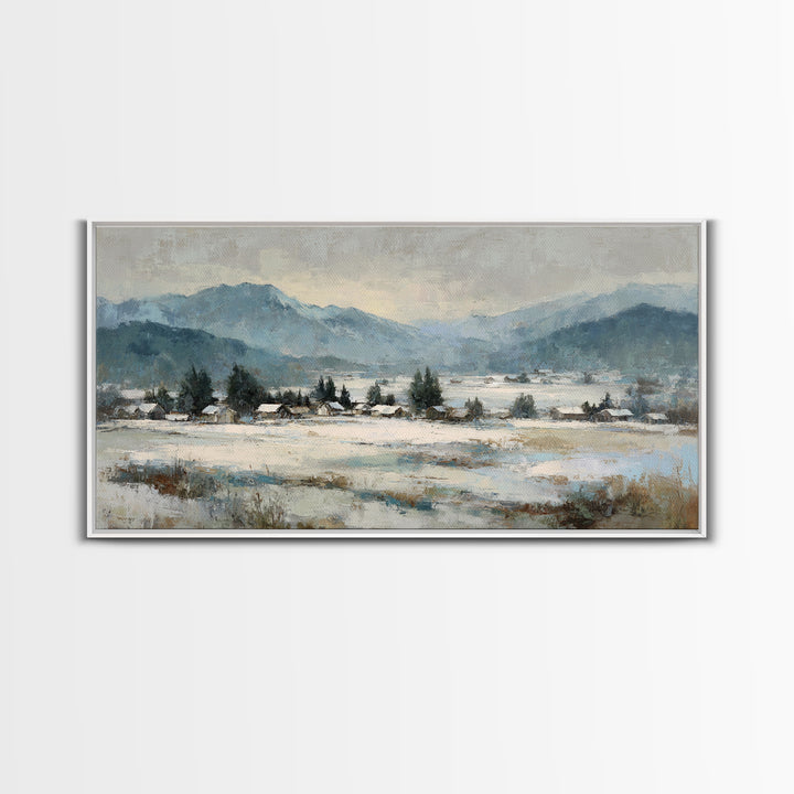 Snow Covered Alpine Village at Dusk Framed Canvas Print, Landscape Art, Room Decor, Living Room Decor, Fine Art, Horizon, LAN-2x1-75